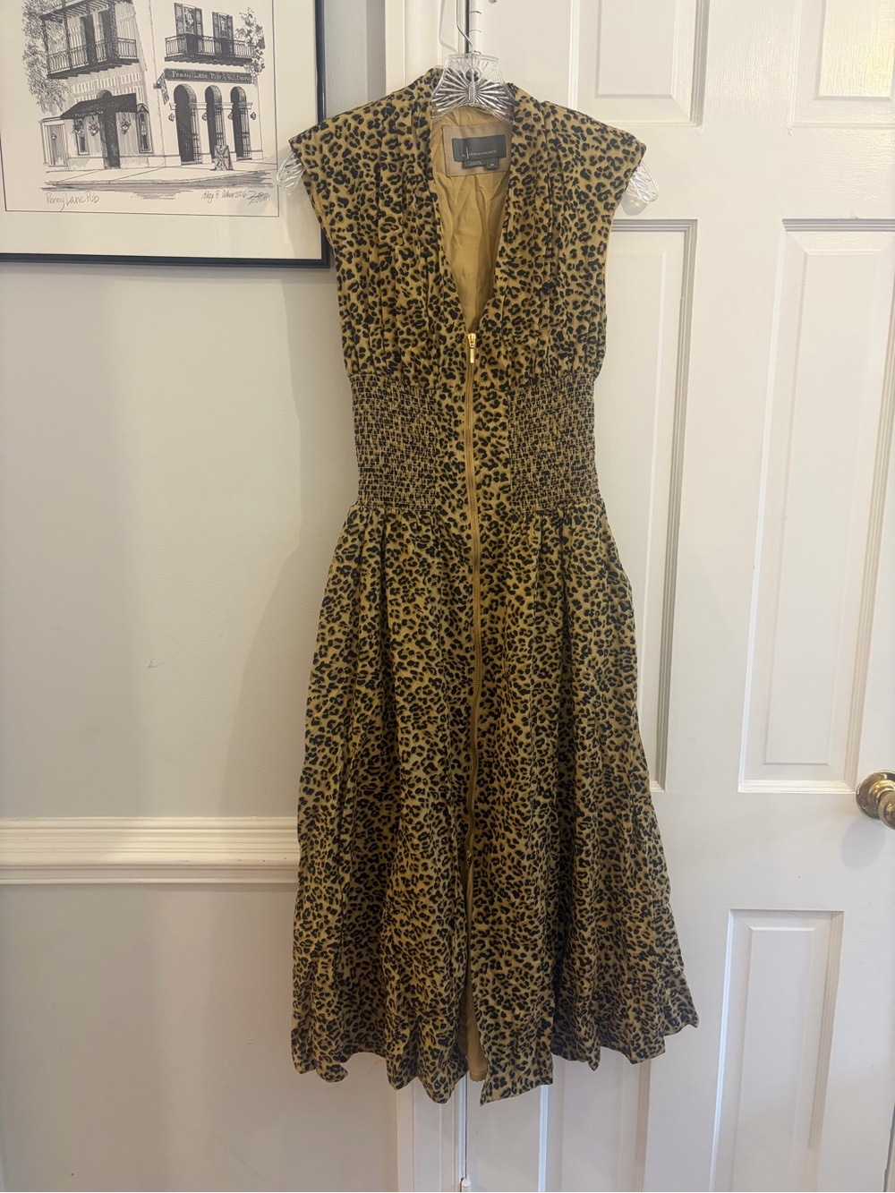 Anthropologie Leopard Print Zip-Front Midi Dress in Mustard and Black